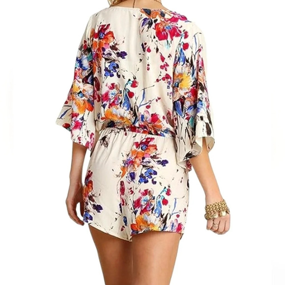 Umgee Bright Floral Bell Sleeve Flowy Romper Cotton Blend Size Medium - Picture 3 of 12